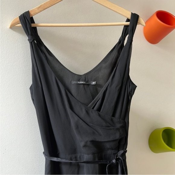 Black Silk Slip Mini Flare Dress with Thin Tie Belt - Picture 4 of 11